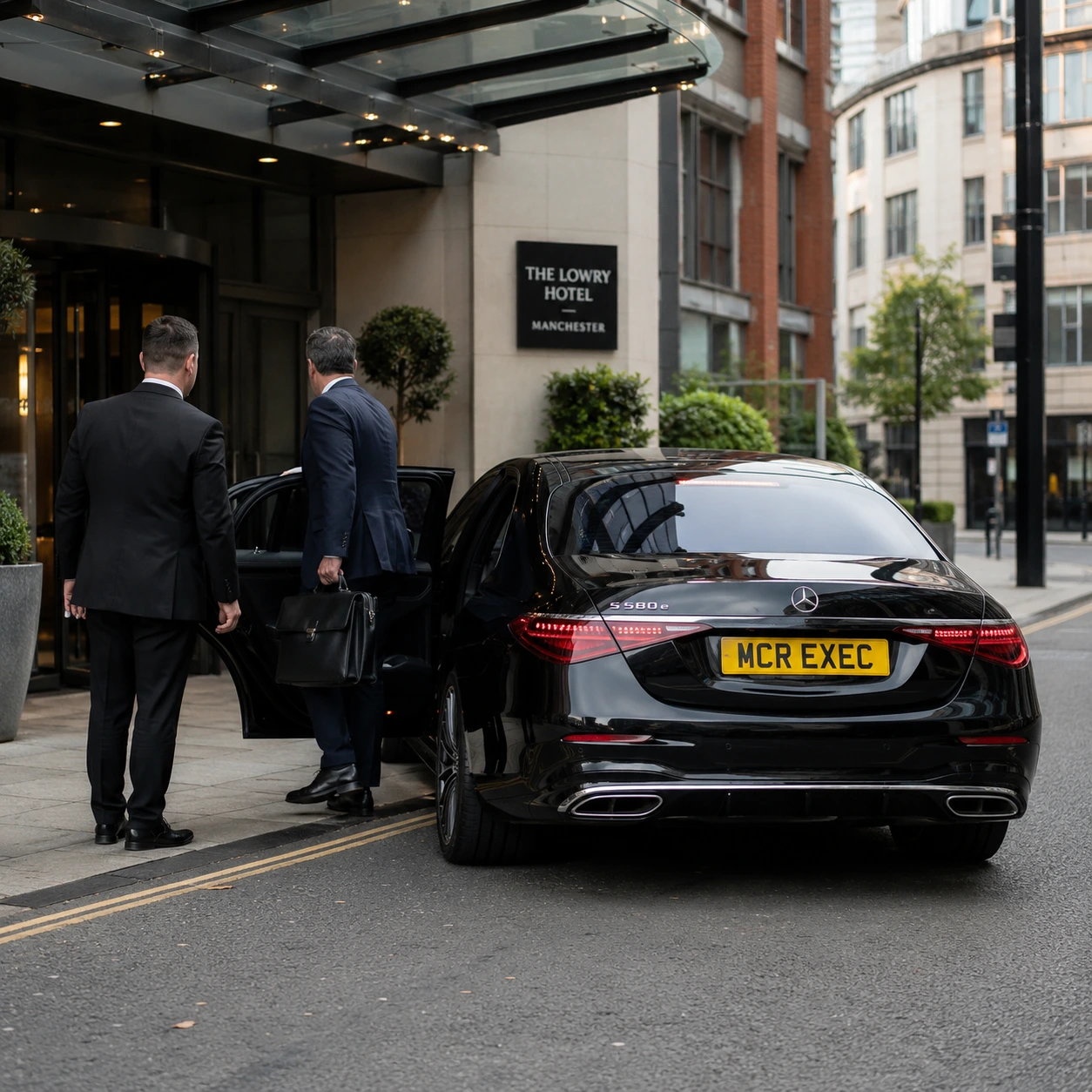 Half-Day Chauffeur Service Manchester with black Mercedes-Benz S-Class by MCR EXEC outside a city centre business hotel for executive retained chauffeur hire