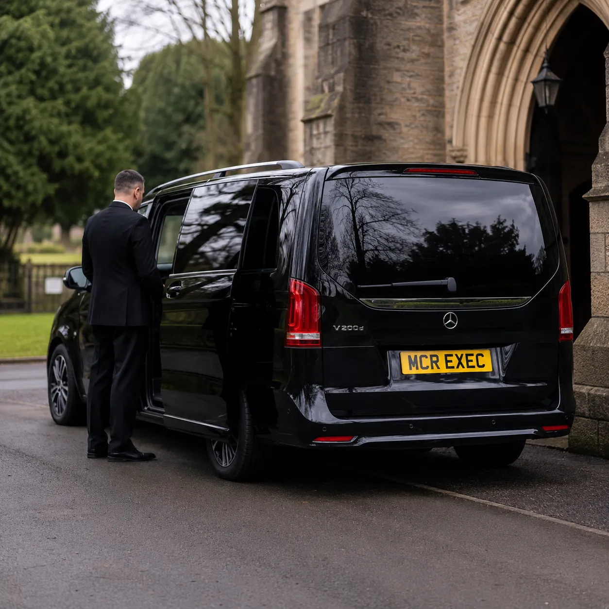 Half-Day Chauffeur Service Manchester with black Mercedes-Benz V-Class by MCR EXEC parked discreetly near a church or crematorium for respectful funeral and family transport