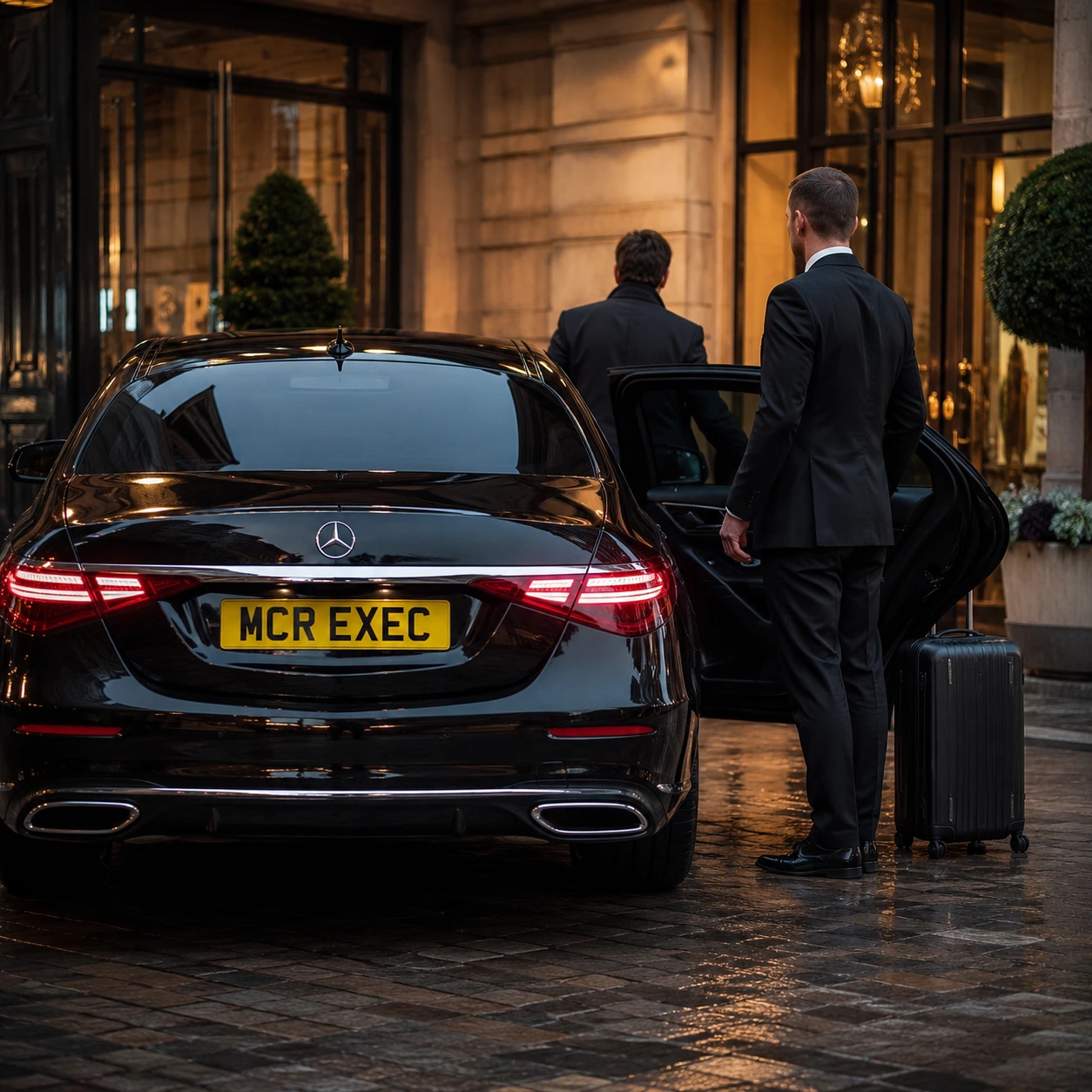 Long Distance Chauffeur Service Manchester for hotel guests with a black Mercedes S-Class by MCR EXEC outside a luxury hotel
