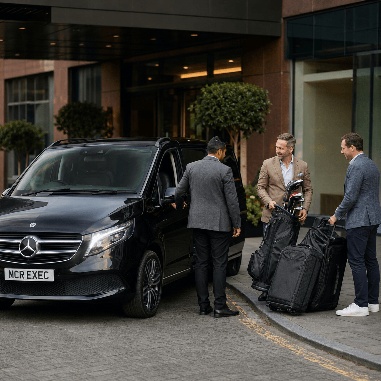 Liverpool to Royal Birkdale Chauffeur Service with a black 2025 Mercedes V-Class by MCR EXEC collecting golf guests for The Open in Southport.