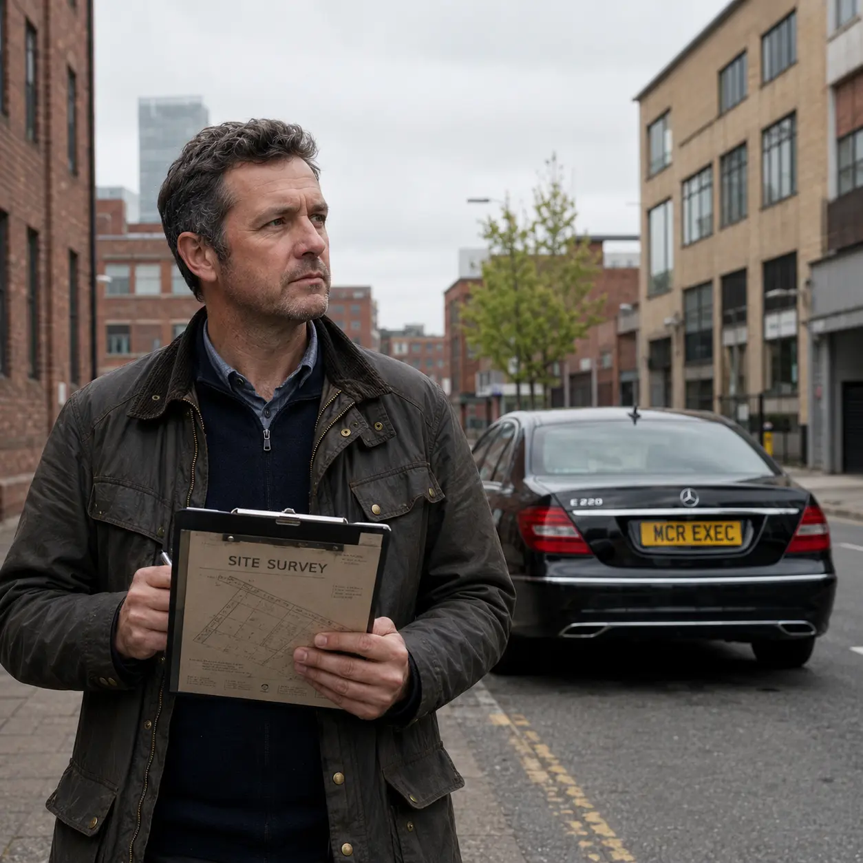 Location manager using an MCR EXEC Mercedes E-Class chauffeur vehicle for a Manchester film location survey