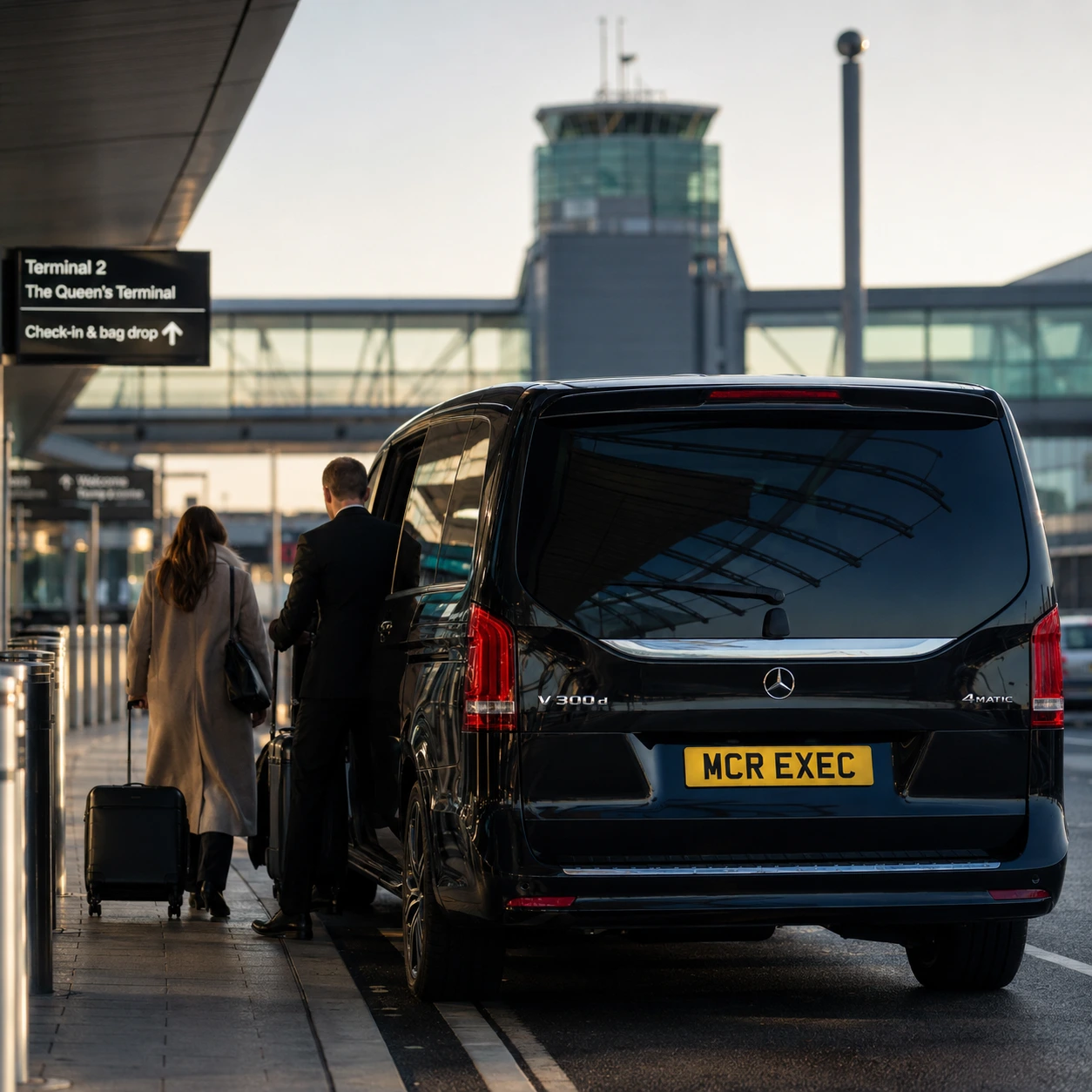 Long Distance Chauffeur Service Manchester for airport transfers with a black Mercedes V-Class by MCR EXEC prepared for Heathrow or Gatwick travel