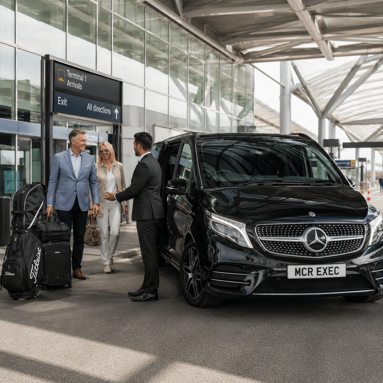 Manchester Airport to Royal Birkdale Chauffeur Service with a black 2025 Mercedes V-Class by MCR EXEC collecting international golf travellers with luggage and golf bags.