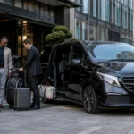 Manchester to Royal Birkdale Open travel scene showing a black 2025 Mercedes V-Class with visible MCR EXEC number plate outside a luxury Manchester hotel as a professional chauffeur assists corporate golf hospitality guests with luggage and golf bags before travelling to Royal Birkdale in Southport.