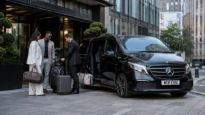Manchester to Royal Birkdale Open travel scene showing a black 2025 Mercedes V-Class with visible MCR EXEC number plate outside a luxury Manchester hotel as a professional chauffeur assists corporate golf hospitality guests with luggage and golf bags before travelling to Royal Birkdale in Southport.