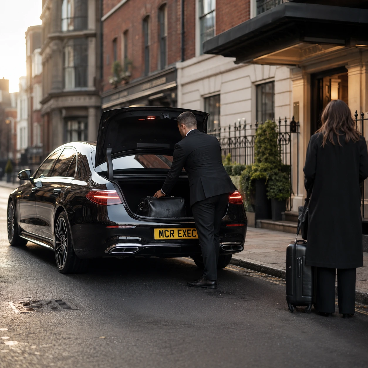 Long Distance Chauffeur Service Manchester with a black Mercedes S-Class by MCR EXEC prepared for private UK city-to-city travel