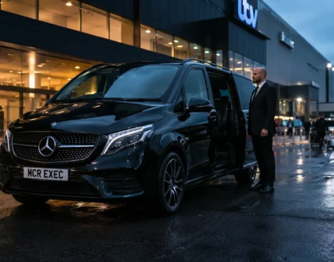 Black Mercedes-Benz V-Class with MCR EXEC number plate parked outside a modern broadcast and production facility at 5am blue hour, with a professional chauffeur standing beside the open passenger door on wet reflective tarmac.