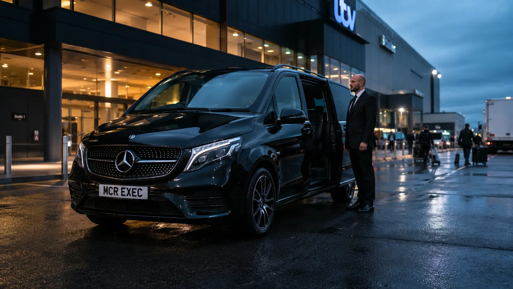 Black Mercedes-Benz V-Class with MCR EXEC number plate parked outside a modern broadcast and production facility at 5am blue hour, with a professional chauffeur standing beside the open passenger door on wet reflective tarmac.