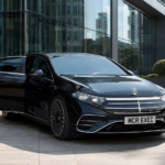 Ultra-realistic black Mercedes EQS facelift 2026 with MCR EXEC number plate outside a modern Manchester corporate office, with a professional chauffeur opening the rear passenger door for executive chauffeur travel.