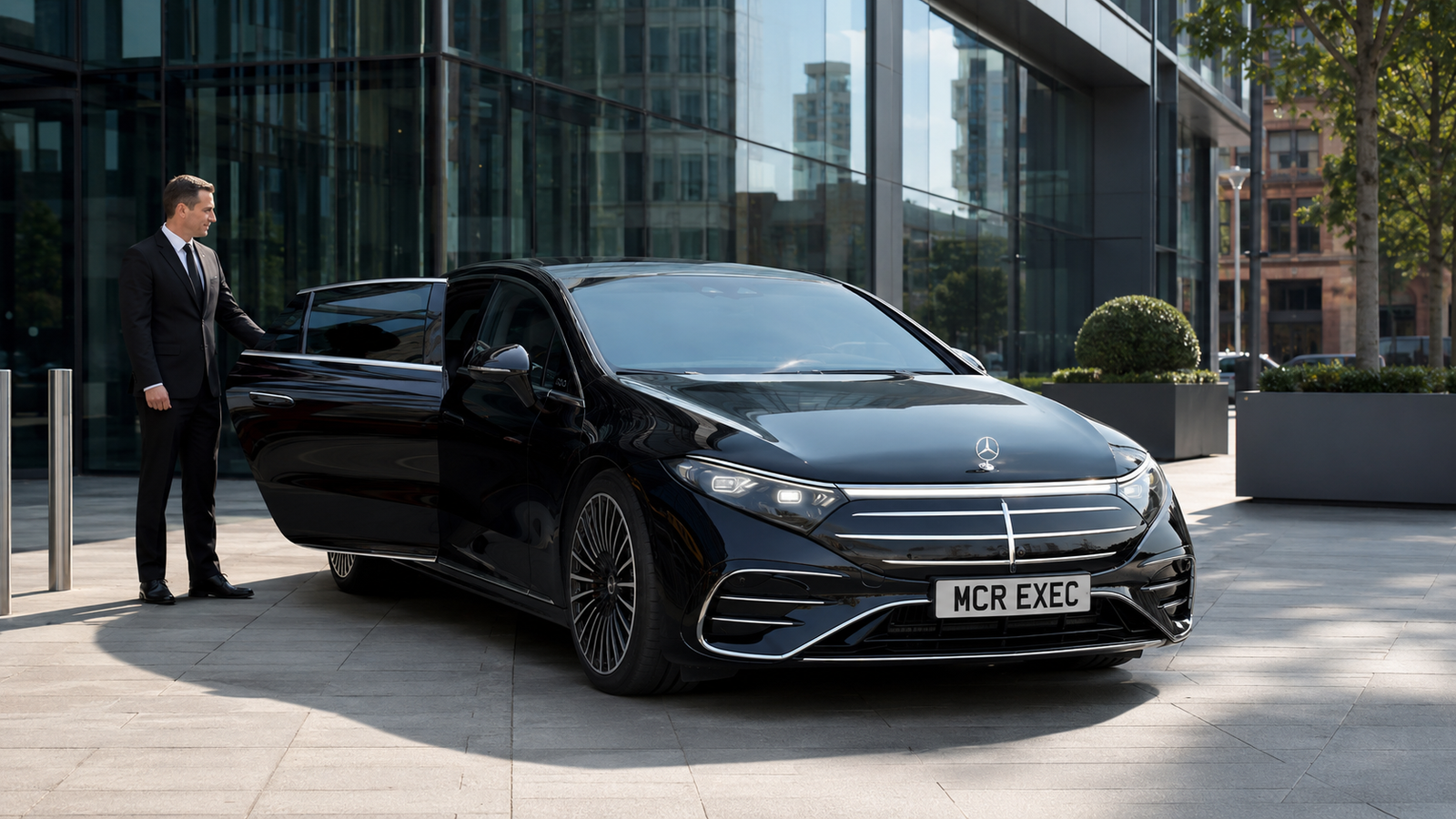 Ultra-realistic black Mercedes EQS facelift 2026 with MCR EXEC number plate outside a modern Manchester corporate office, with a professional chauffeur opening the rear passenger door for executive chauffeur travel.