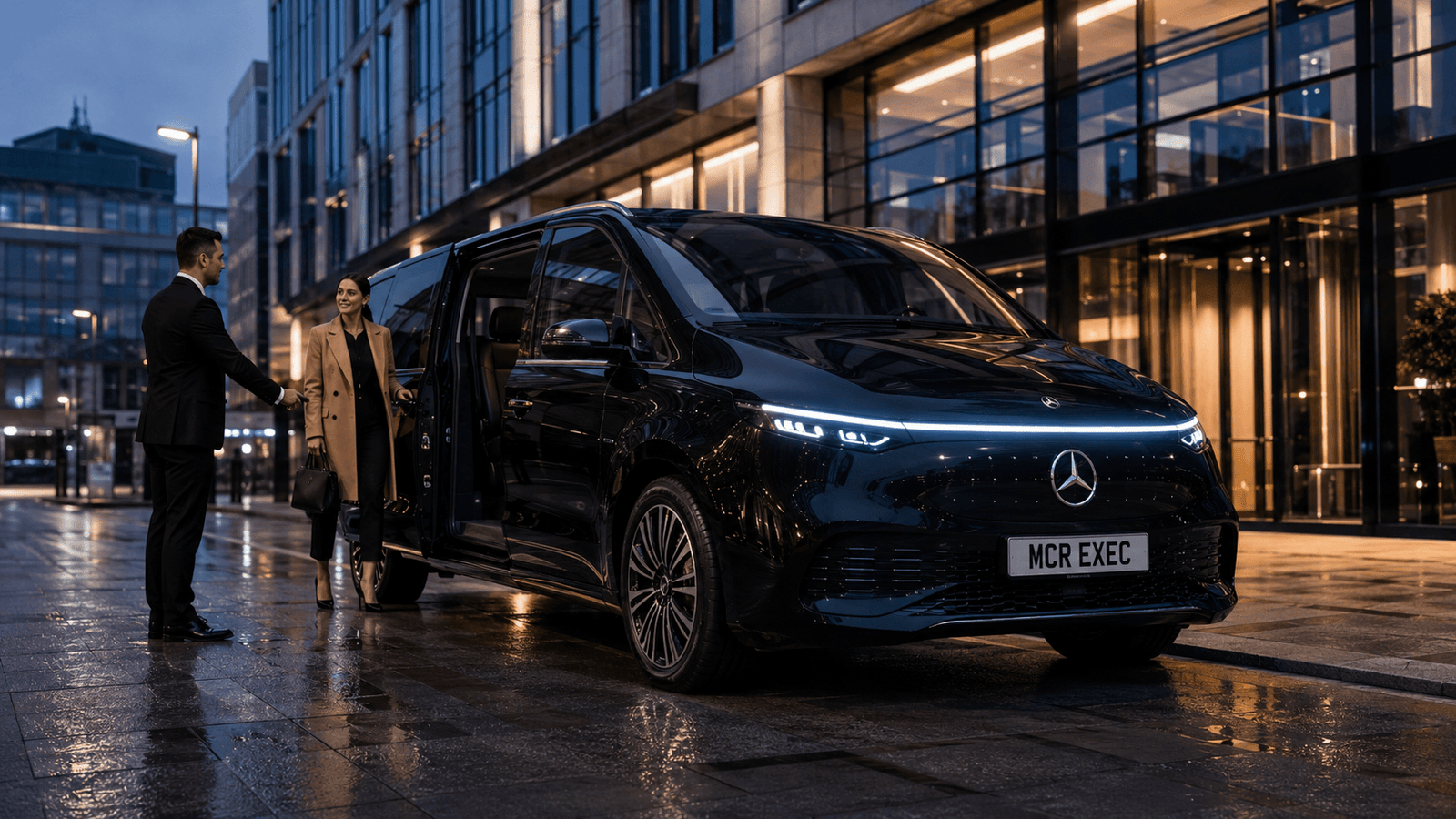 Mercedes VLE EV chauffeur industry news image showing a black Mercedes executive MPV with MCR EXEC number plate outside a modern Manchester business hotel at dusk, with a professional chauffeur assisting a corporate passenger, representing the future of electric luxury MPV chauffeur travel in the UK.