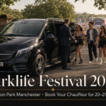 Parklife Festival 2026 chauffeur service at Heaton Park Manchester, showing a black Mercedes V-Class with MCR EXEC number plate and a professional chauffeur assisting festival guests near the park entrance.