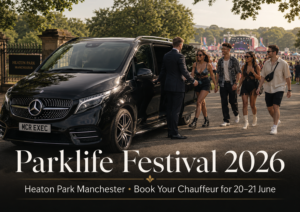 Parklife Festival 2026 chauffeur service at Heaton Park Manchester, showing a black Mercedes V-Class with MCR EXEC number plate and a professional chauffeur assisting festival guests near the park entrance.
