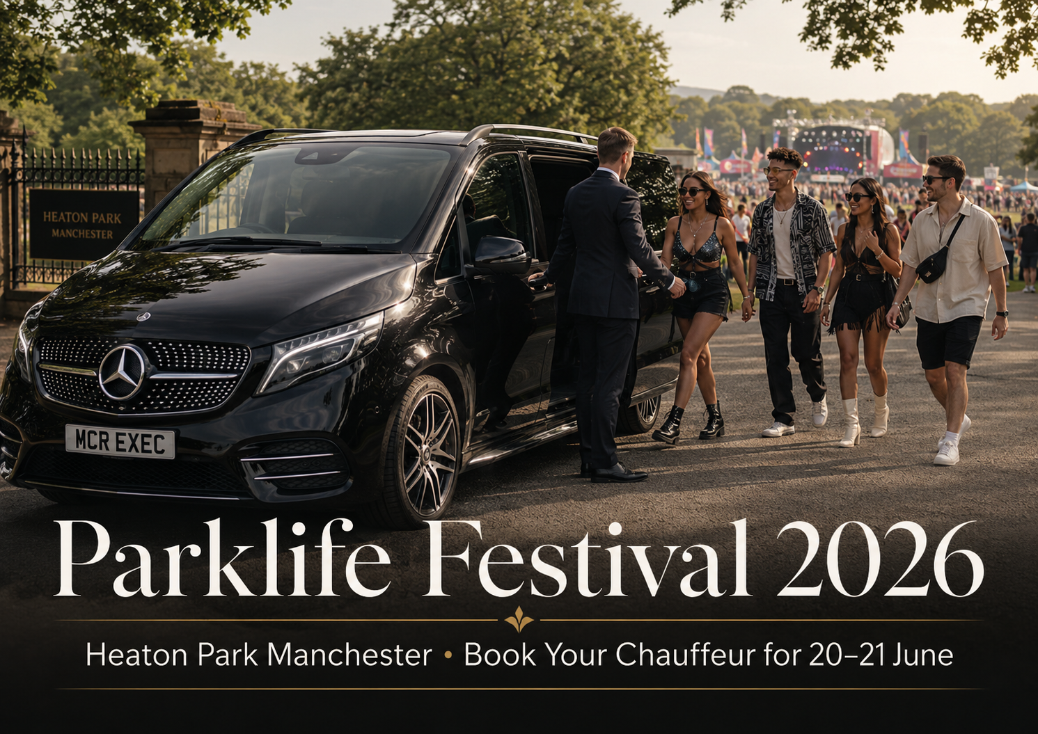 Parklife Festival 2026 chauffeur service at Heaton Park Manchester, showing a black Mercedes V-Class with MCR EXEC number plate and a professional chauffeur assisting festival guests near the park entrance.