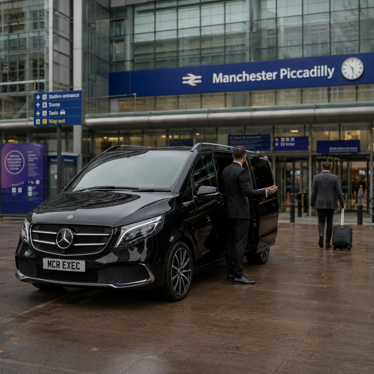 Long Distance Chauffeur Service Manchester as a private alternative to train travel with a black Mercedes V-Class by MCR EXEC at Manchester Piccadilly