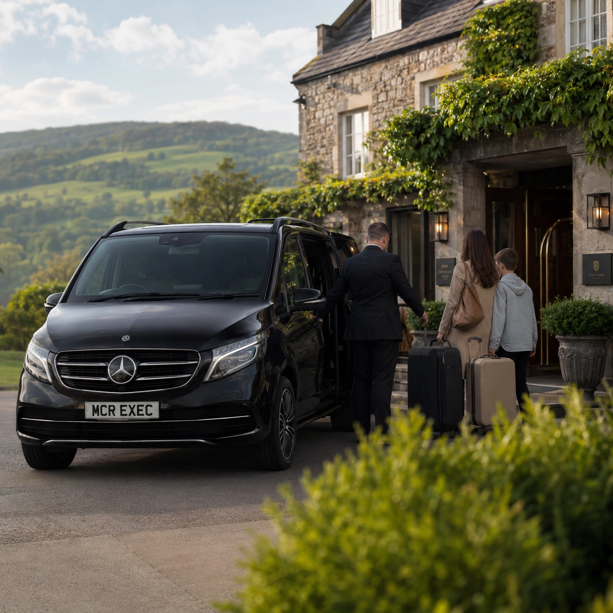 Long Distance Chauffeur Service Manchester for private family travel with a black Mercedes V-Class by MCR EXEC at a countryside hotel