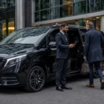 Private hire licensing UK 2026 industry news image showing a latest 2025 black Mercedes V-Class with MCR EXEC number plate outside a Manchester business district, with a professional chauffeur managing a corporate passenger booking.
