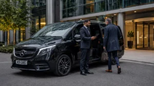 Private hire licensing UK 2026 industry news image showing a latest 2025 black Mercedes V-Class with MCR EXEC number plate outside a Manchester business district, with a professional chauffeur managing a corporate passenger booking.