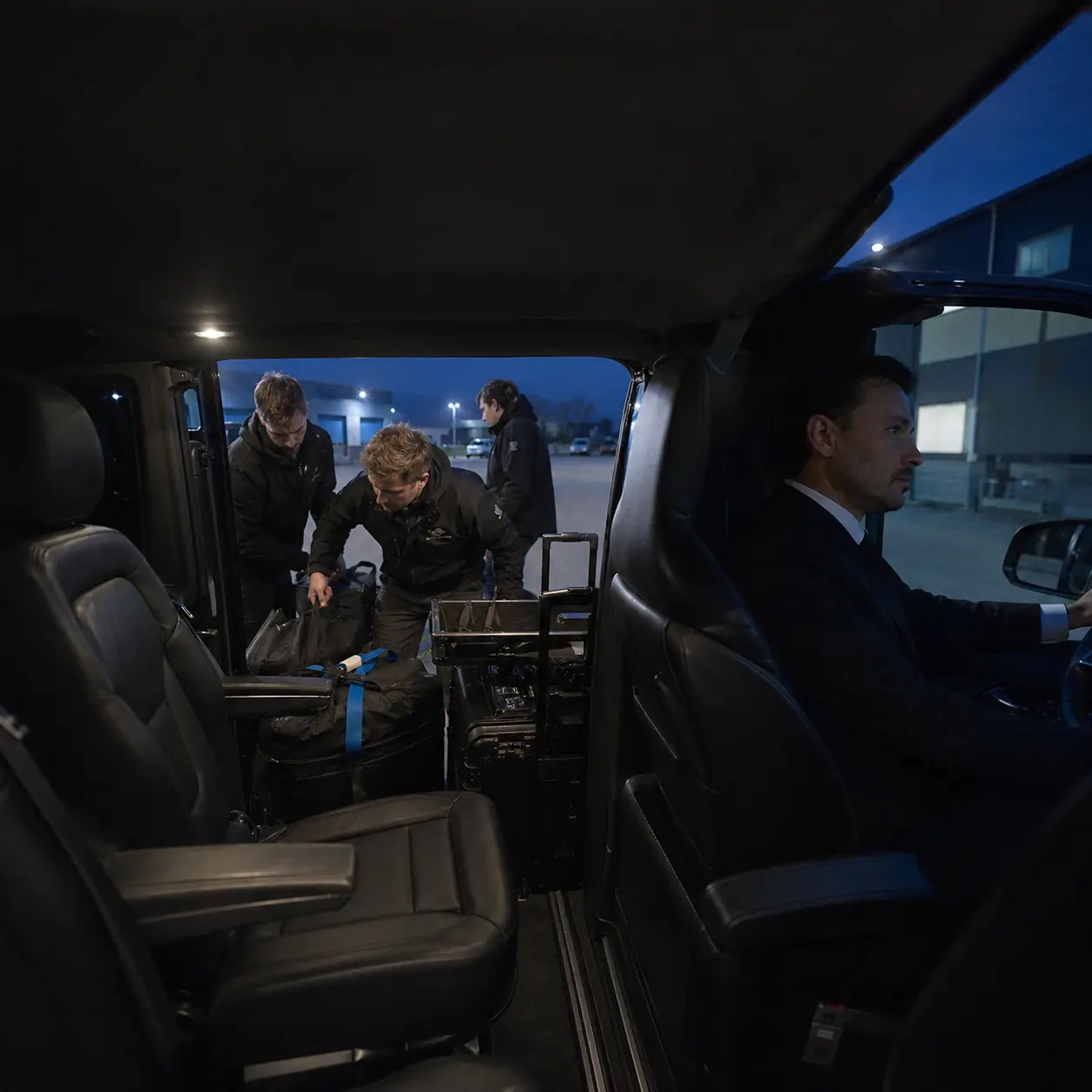 Production crew loading equipment into a black Mercedes V-Class for film and TV production transport at blue hour with MCR EXEC