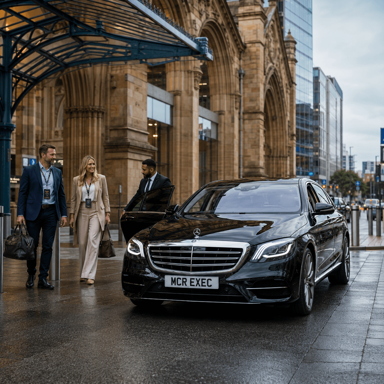 Royal Birkdale Open Chauffeur Service with a black 2025 Mercedes S-Class by MCR EXEC collecting corporate golf guests from a North West rail station.