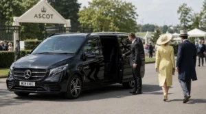 Royal Ascot chauffeur service from Manchester showing a black Mercedes V-Class with MCR EXEC number plate arriving near Ascot Racecourse for luxury race day transport.