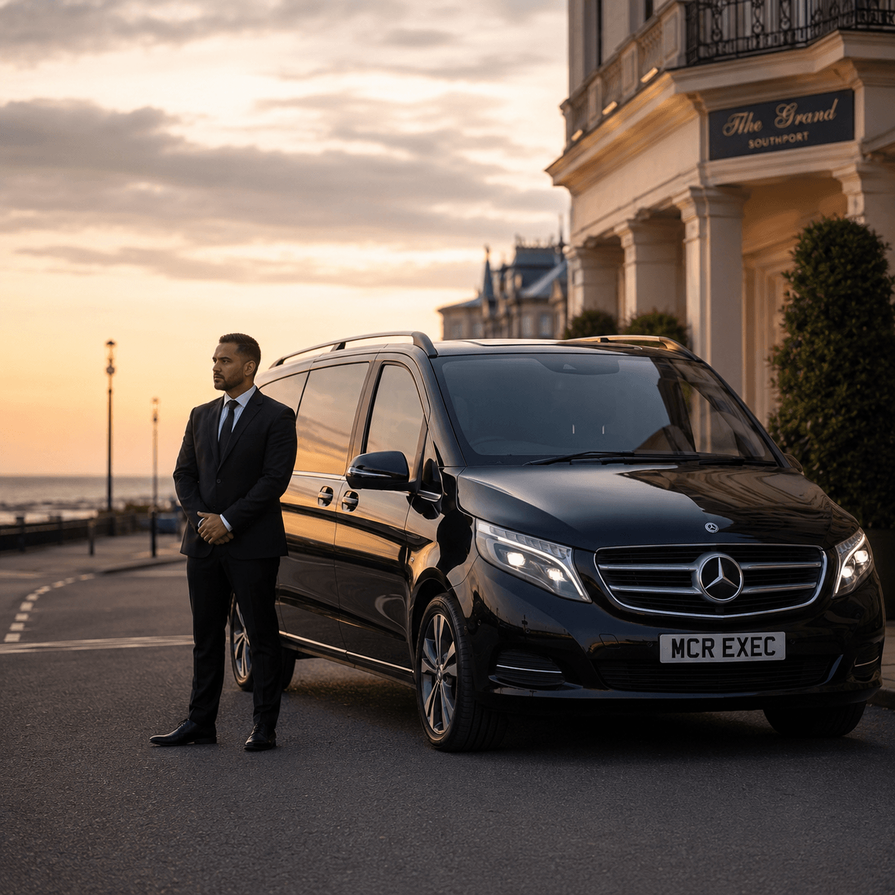 Royal Birkdale Open Chauffeur Service with a black 2025 Mercedes by MCR EXEC waiting in Southport for retained full-day golf event transport.