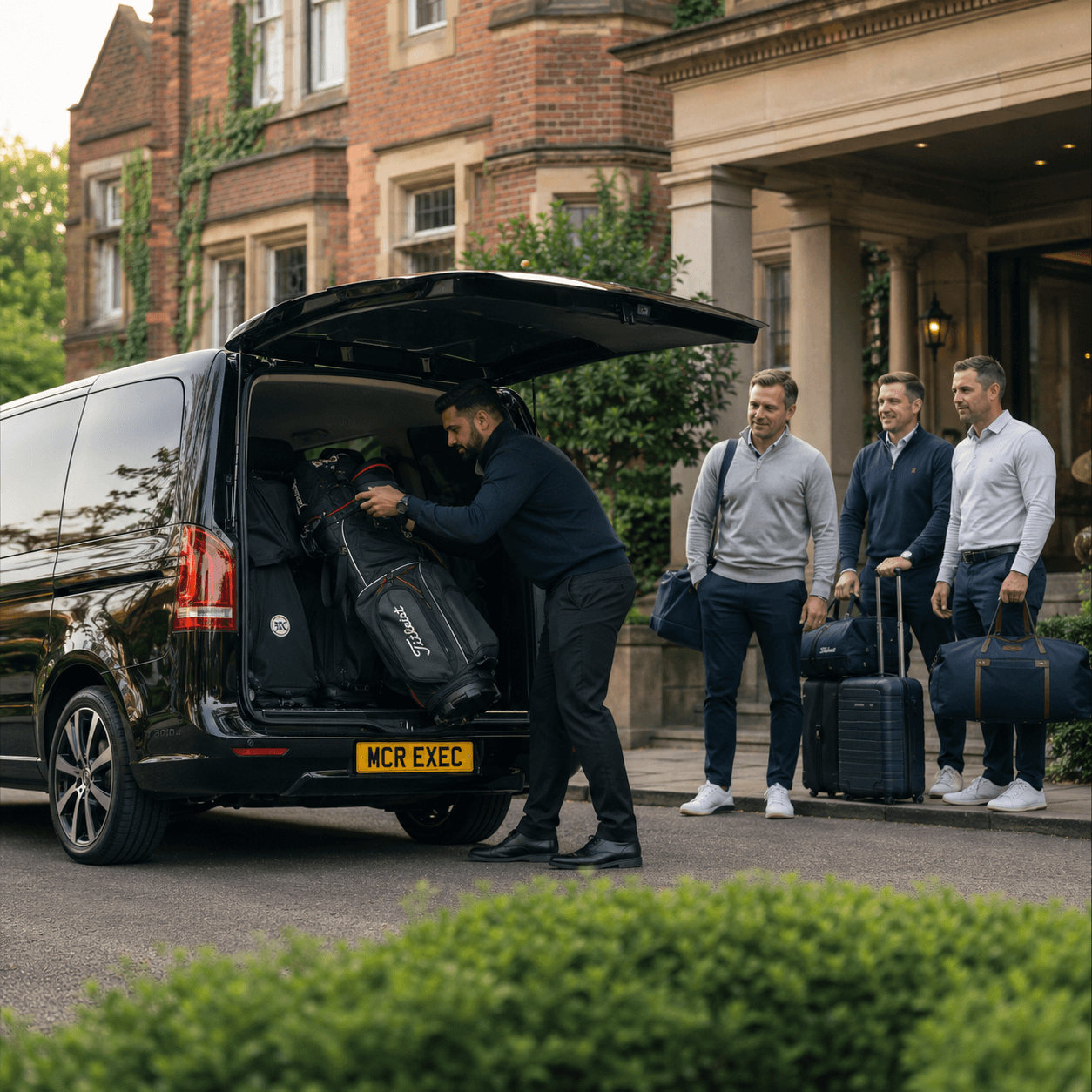 Royal Birkdale Open Chauffeur Service with a black 2025 Mercedes V-Class by MCR EXEC being loaded with golf bags for group travel to Southport.