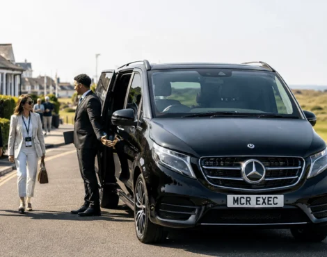 Royal Birkdale Open Chauffeur Service with a black 2025 Mercedes V-Class by MCR EXEC arriving near Royal Birkdale in Southport for corporate golf guests during The Open week.