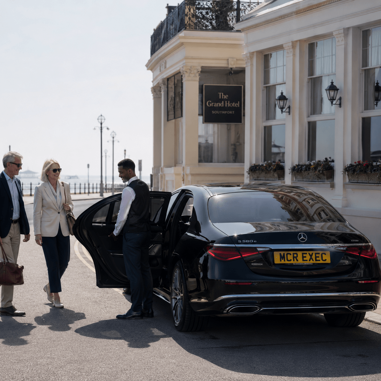 Southport to Royal Birkdale Chauffeur Service with a black 2025 Mercedes by MCR EXEC collecting golf spectators for The Open.