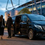 The Weeknd Etihad Stadium chauffeur image showing a latest 2025 black Mercedes V-Class with MCR EXEC number plate near Manchester’s Etihad Campus, with a professional chauffeur assisting corporate hospitality guests before a major concert.