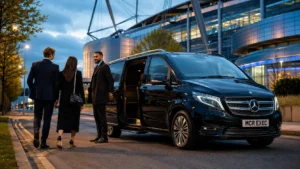 The Weeknd Etihad Stadium chauffeur image showing a latest 2025 black Mercedes V-Class with MCR EXEC number plate near Manchester’s Etihad Campus, with a professional chauffeur assisting corporate hospitality guests before a major concert.