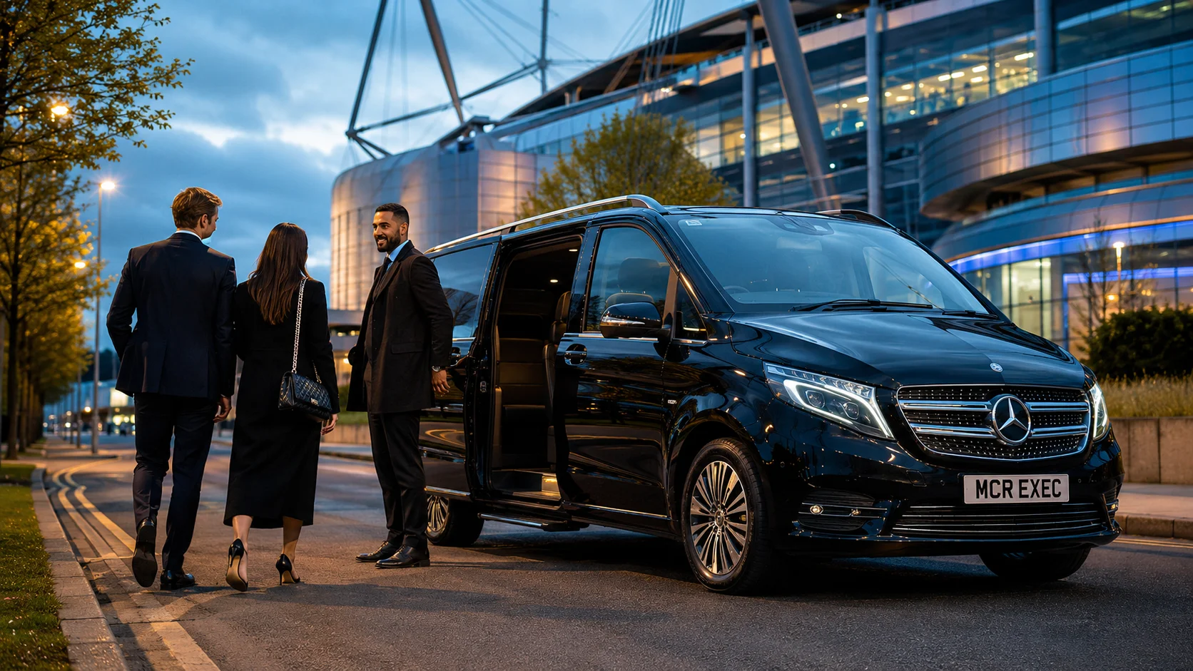 The Weeknd Etihad Stadium chauffeur image showing a latest 2025 black Mercedes V-Class with MCR EXEC number plate near Manchester’s Etihad Campus, with a professional chauffeur assisting corporate hospitality guests before a major concert.