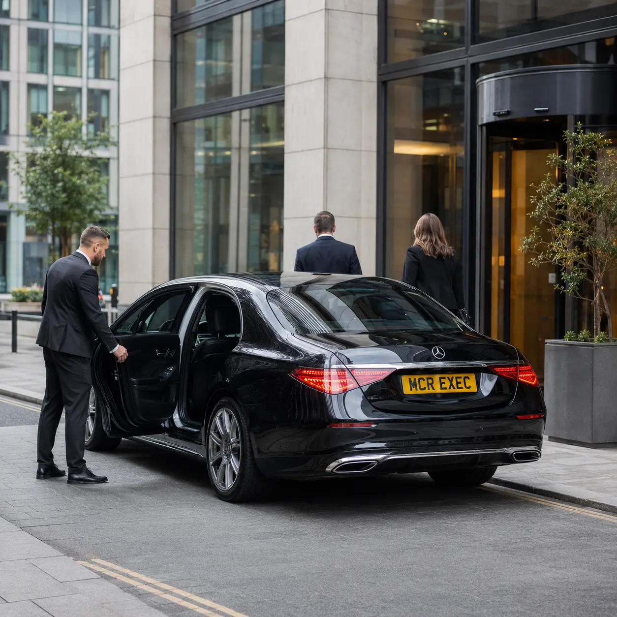 Full-Day Chauffeur Hire Manchester for TV and film production transport with a black Mercedes V-Class by MCR EXEC at a production facility