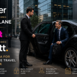 Uber Blacklane executive travel UK blog image showing a professional chauffeur assisting a business passenger beside a black executive vehicle in a modern city setting, representing premium corporate travel and changing chauffeur technology platforms.