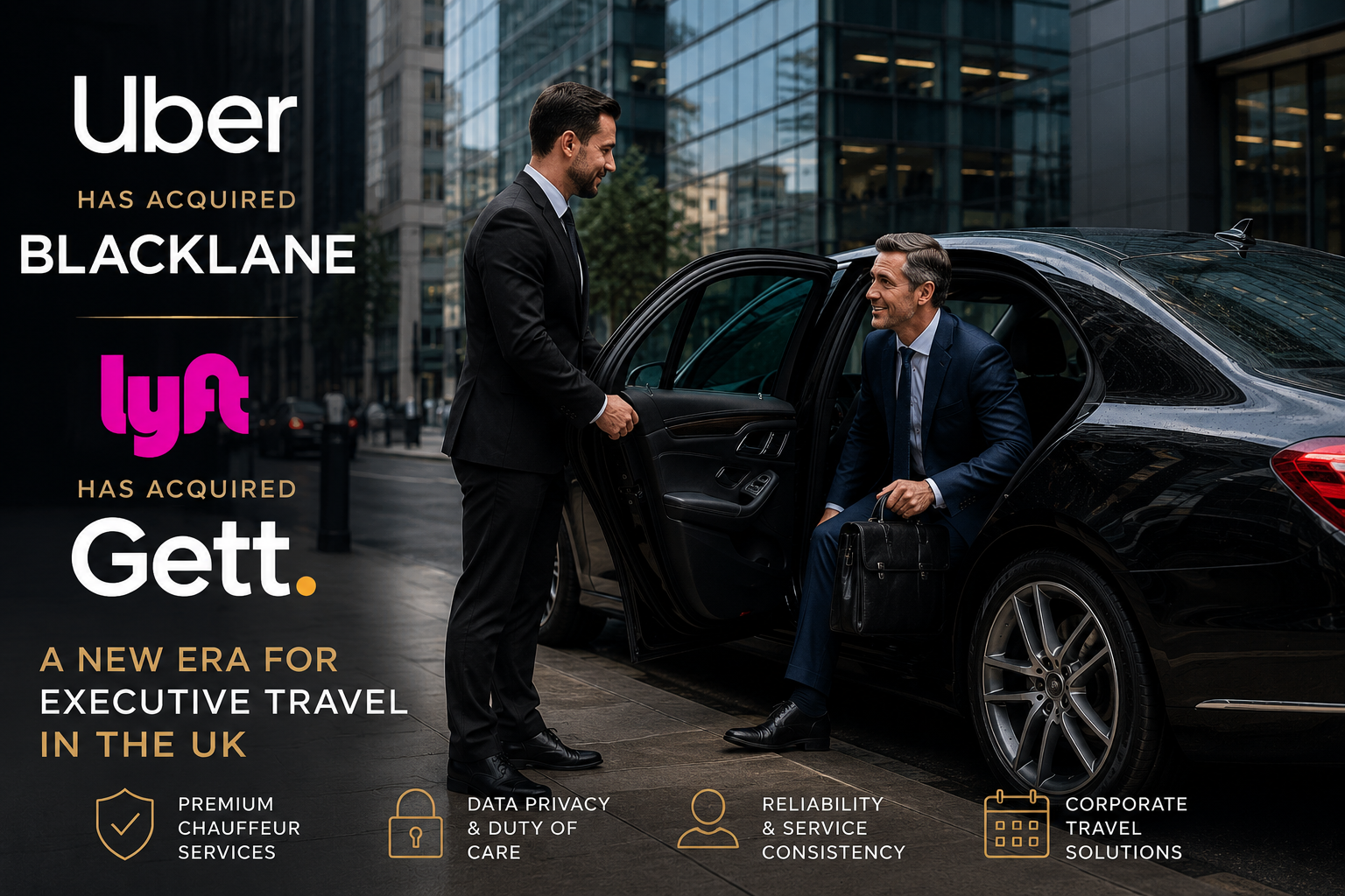 Uber Blacklane executive travel UK blog image showing a professional chauffeur assisting a business passenger beside a black executive vehicle in a modern city setting, representing premium corporate travel and changing chauffeur technology platforms.