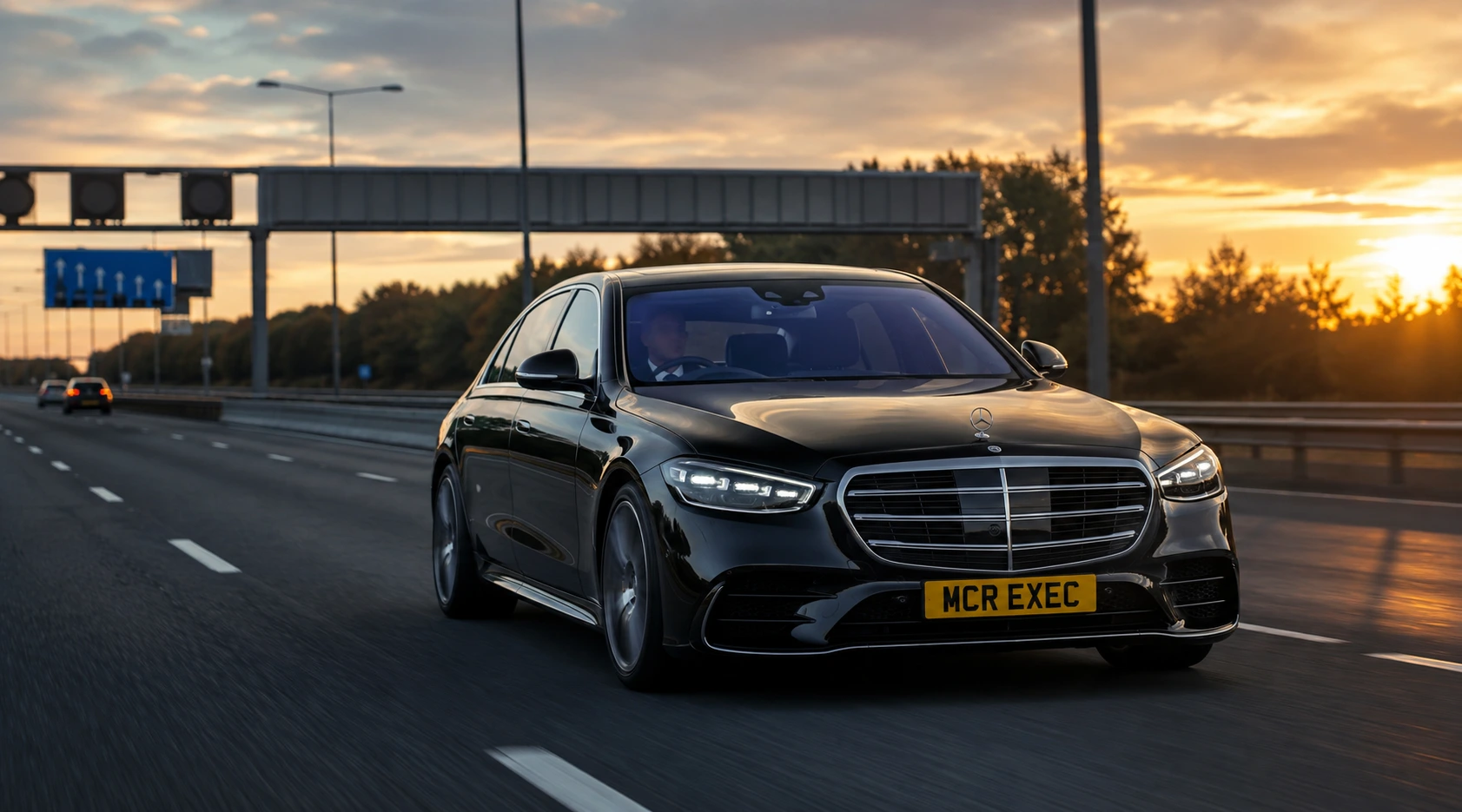 Long Distance Chauffeur Service Manchester with a black Mercedes S-Class by MCR EXEC travelling on a UK motorway for city-to-city transfers