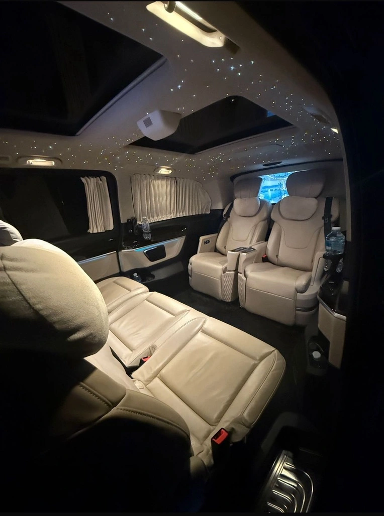 JetClass-style luxury prom transport Manchester interior with reclining seats and chauffeur-driven custom V-Class cabin by MCR EXEC