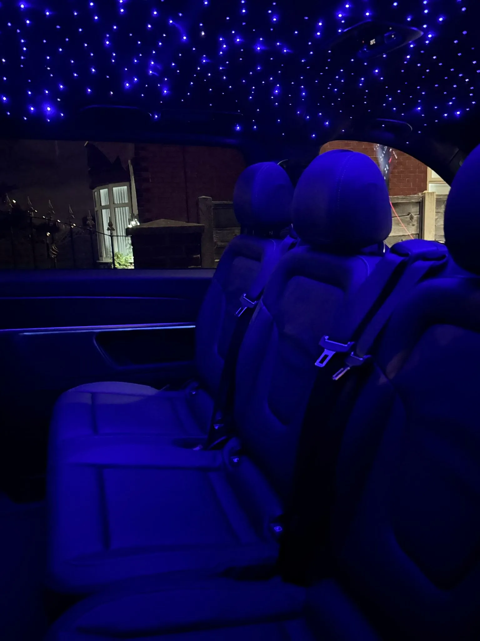 Part-custom Mercedes V-Class prom hire Manchester interior with starlight ceiling for luxury prom transport Manchester