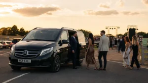 Barton Live Chauffeur Service at Barton Aerodrome Eccles with a black Mercedes V-Class MCR EXEC vehicle and professional chauffeur assisting concert guests.