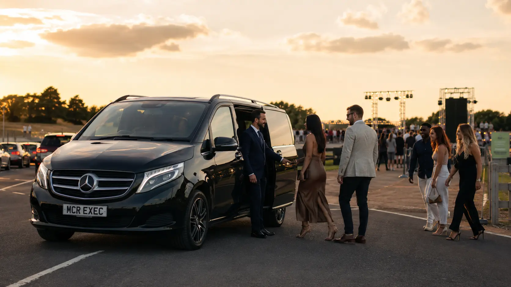 Barton Live Chauffeur Service at Barton Aerodrome Eccles with a black Mercedes V-Class MCR EXEC vehicle and professional chauffeur assisting concert guests.