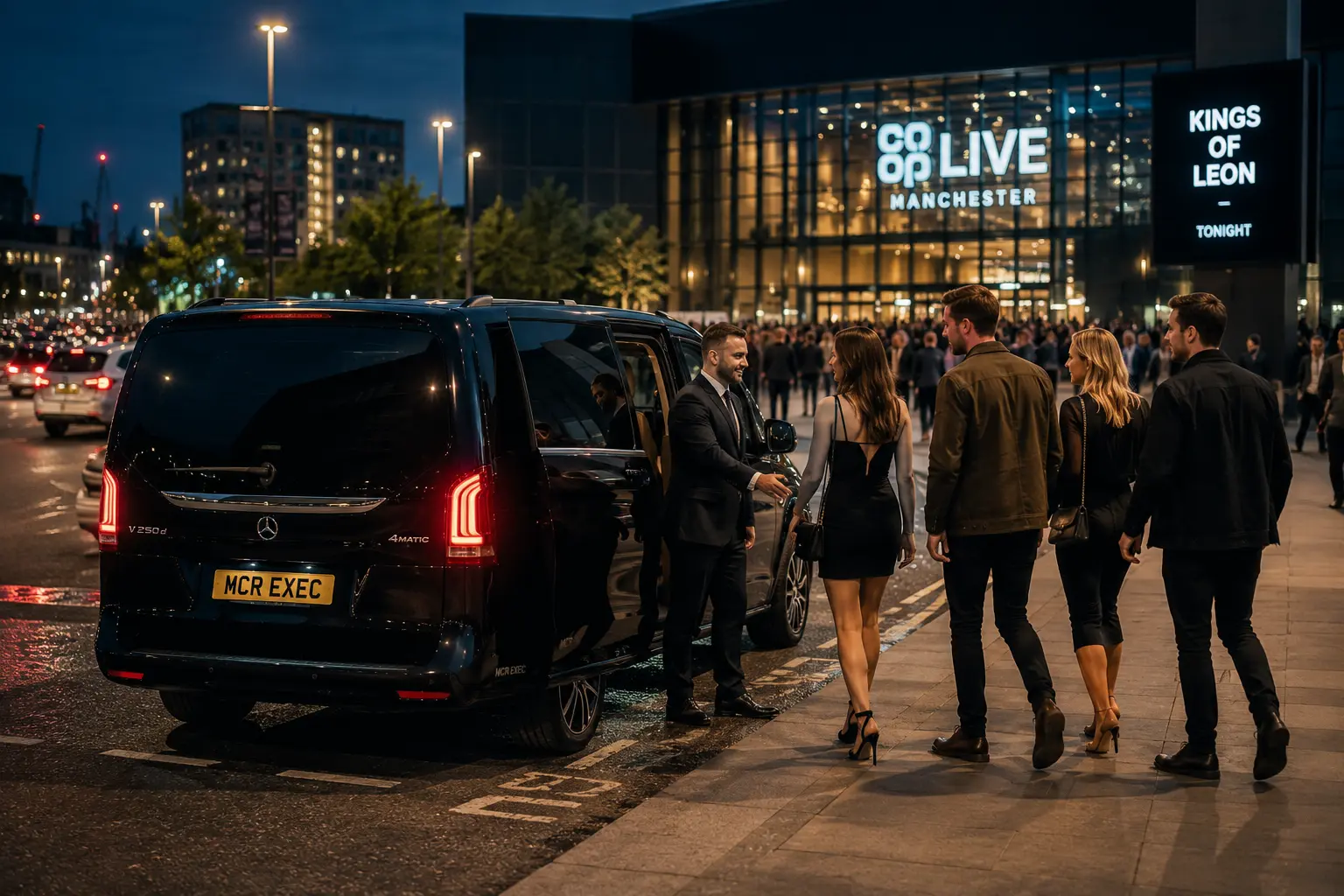 Black Mercedes V-Class with MCR EXEC number plate arriving for a Kings of Leon Co-op Live chauffeur booking in Manchester, with a professional chauffeur opening the rear door for concert guests.