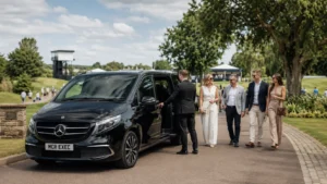 LIV Golf chauffeur hire from Manchester with an MCR EXEC Mercedes V-Class collecting corporate hospitality guests for full-day travel to JCB Golf & Country Club.