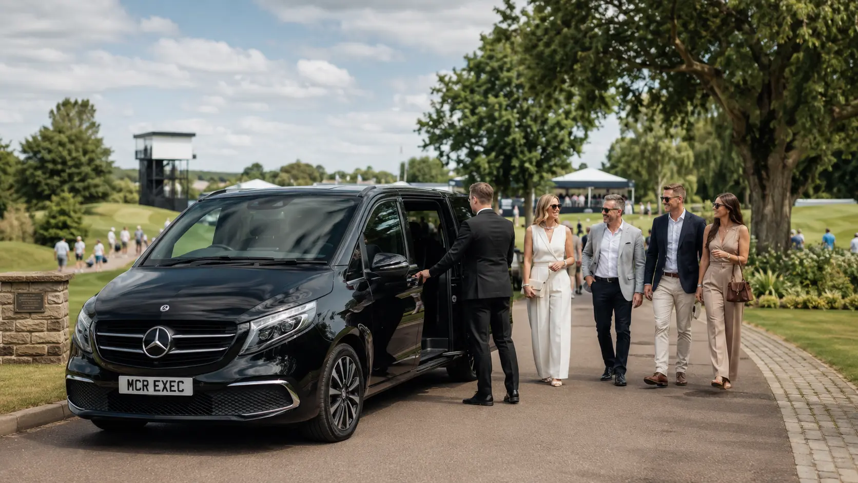 LIV Golf chauffeur hire from Manchester with an MCR EXEC Mercedes V-Class collecting corporate hospitality guests for full-day travel to JCB Golf & Country Club.
