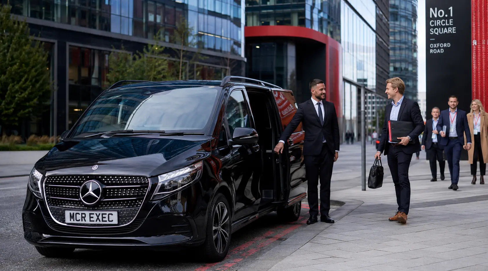 Manchester chauffeur service with a black Mercedes V-Class and MCR EXEC chauffeur at Circle Square Manchester