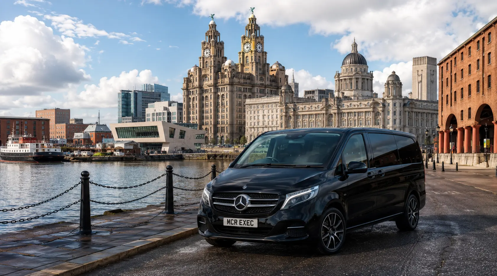 Black MCR EXEC Mercedes V-Class beside Liverpool waterfront with the Royal Liver Building and historic city architecture in the background.