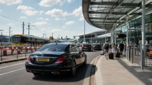 Executive car arriving at Manchester Airport during summer Metrolink disruption