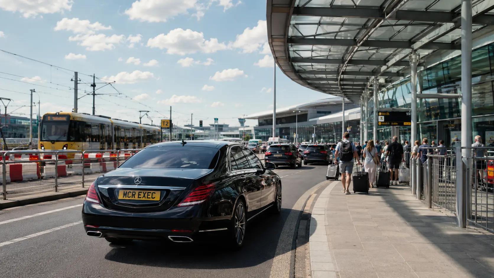 Executive car arriving at Manchester Airport during summer Metrolink disruption