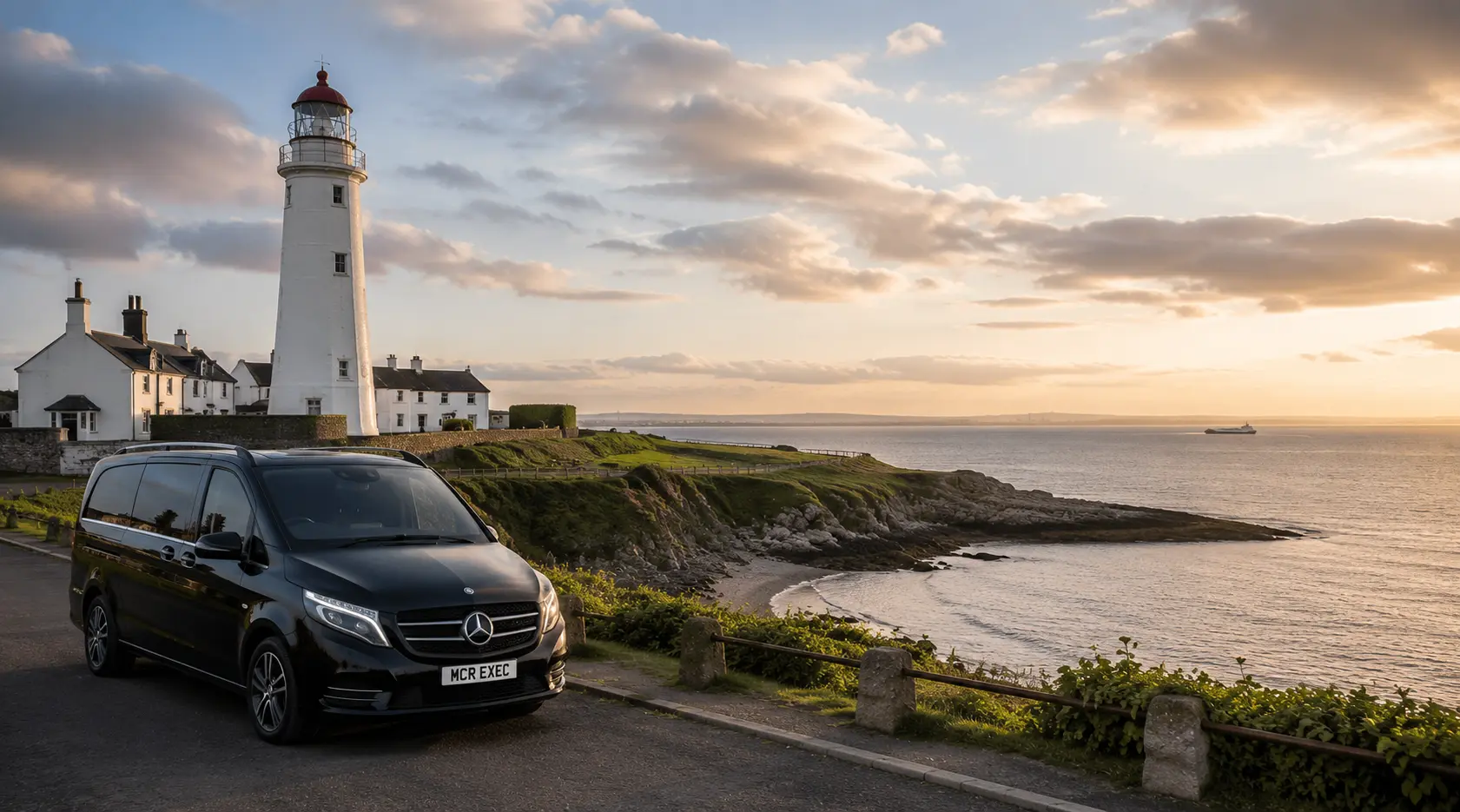 Black MCR EXEC Mercedes V-Class overlooking the Wirral coastline near Caldy at golden hour.
