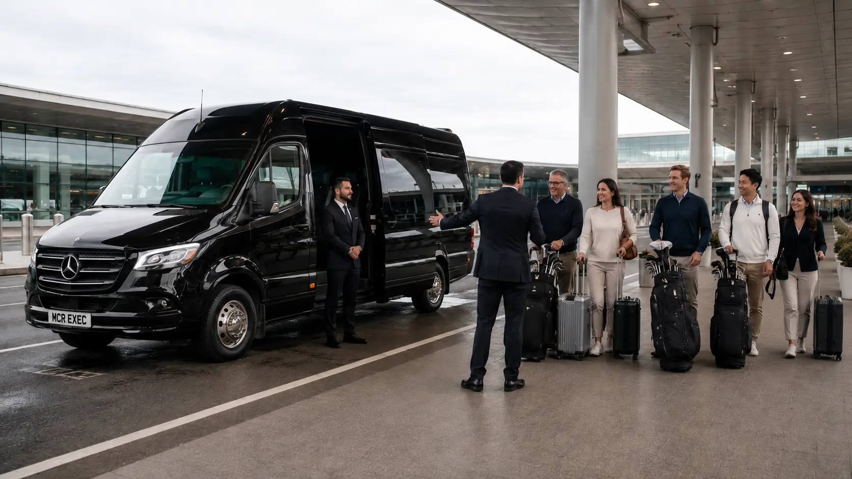 Executive Sprinter arrival at Heathrow for an international golf group travelling to North West England
