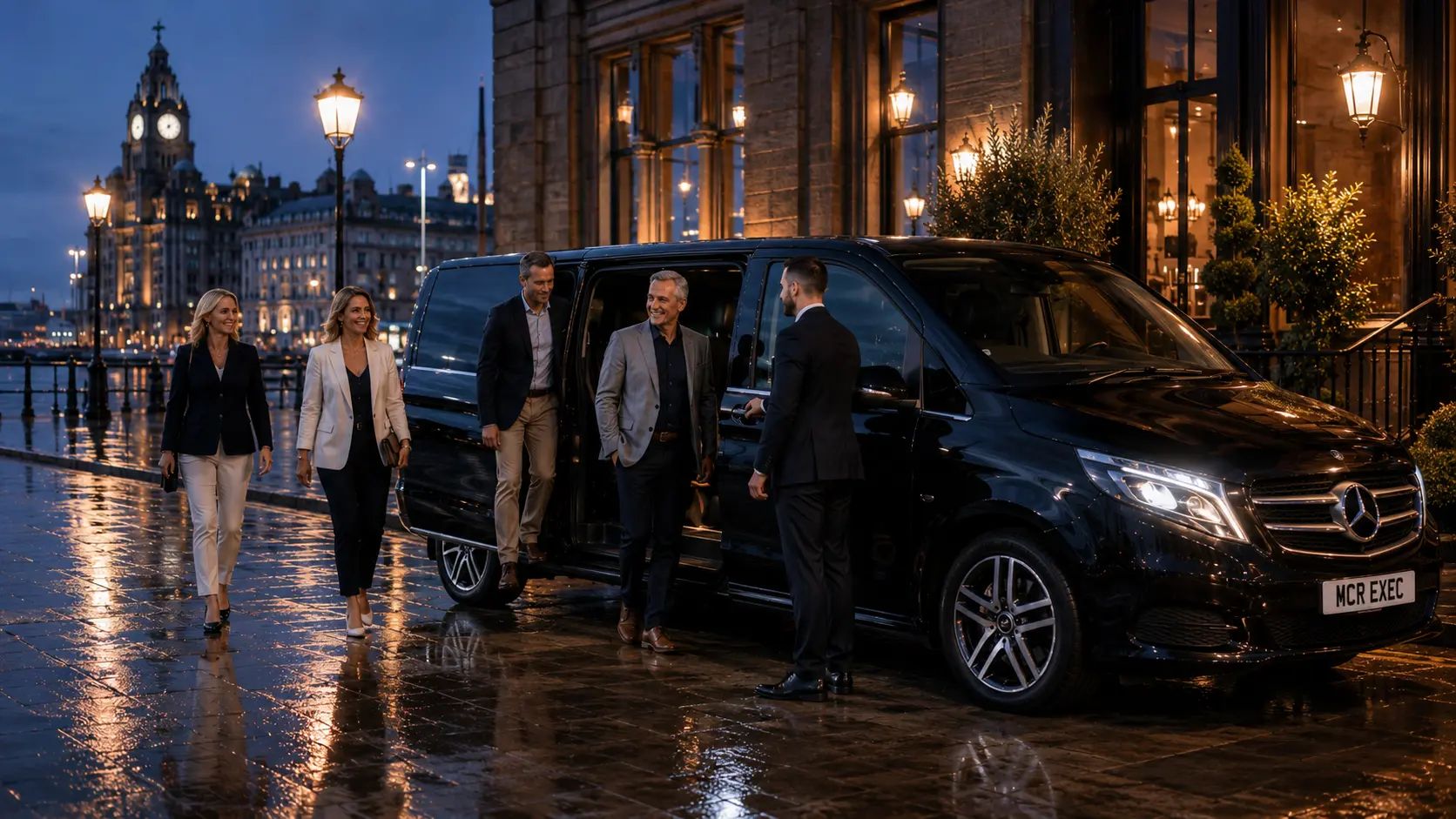 MCR EXEC chauffeur greeting a private group beside a Mercedes V-Class on Liverpool waterfront